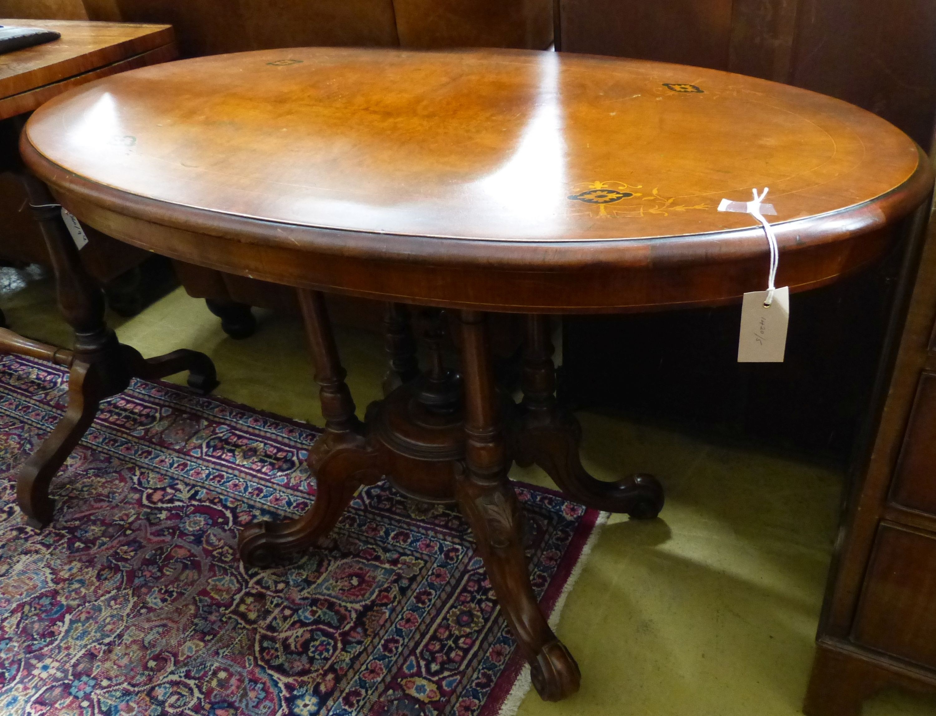 A late Victorian burr walnut oval centre table, W.100cm D.55cm H.68cm